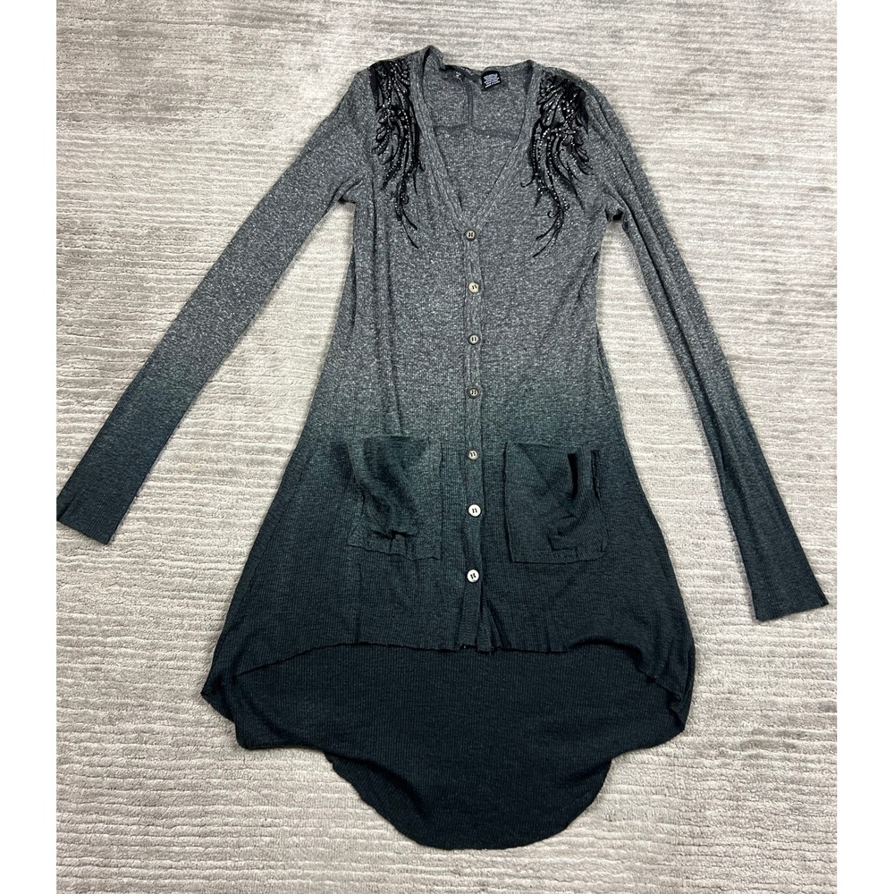 Miss Me Cardigan Women M Grey Ombre Sequin Wing Embellished High Low Ribbed Boho